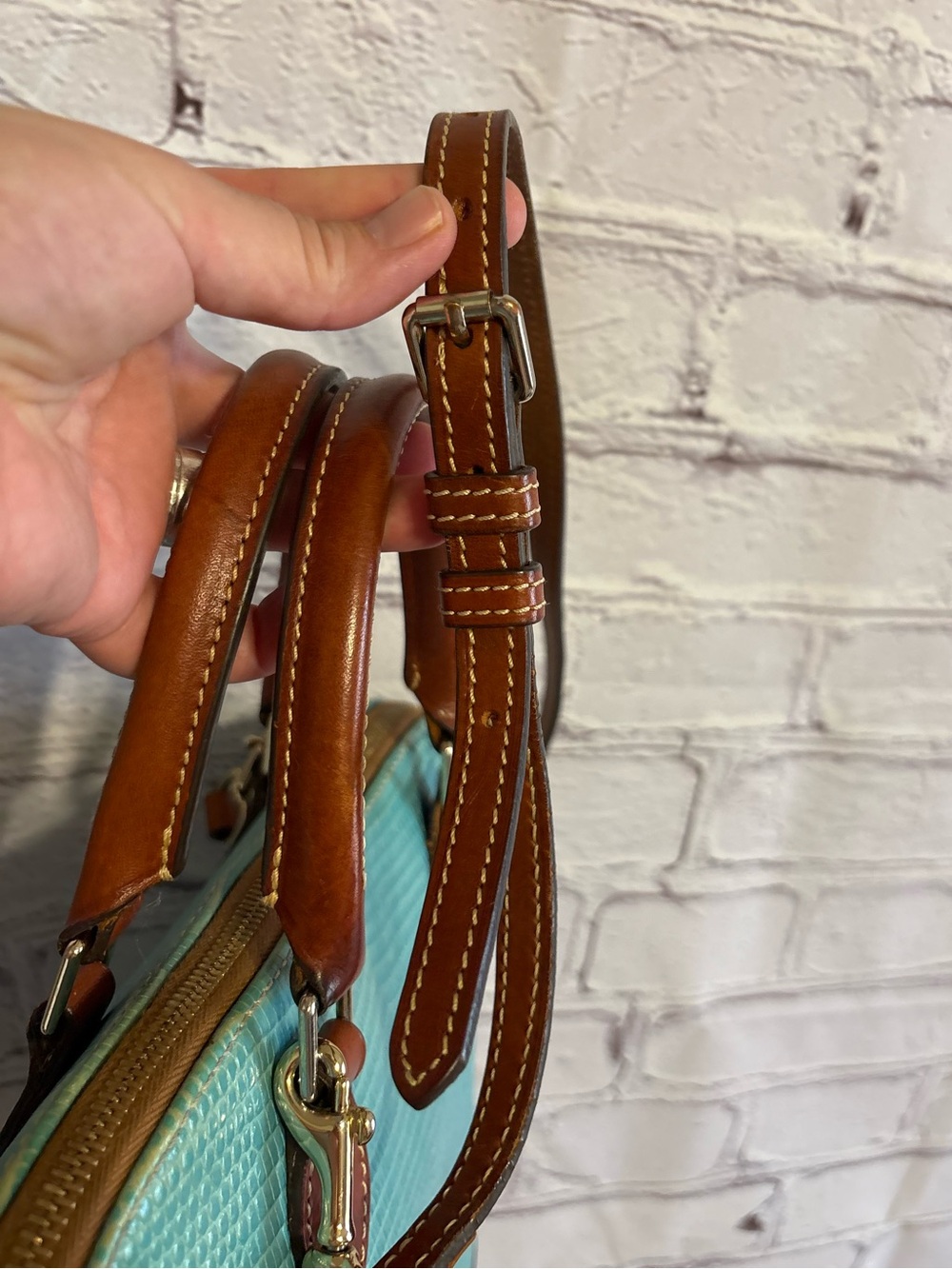 Dooney & Bourke Teal Pebble Grain “Zip Zip” Satchel with Brown Trim - Picture 7 of 16